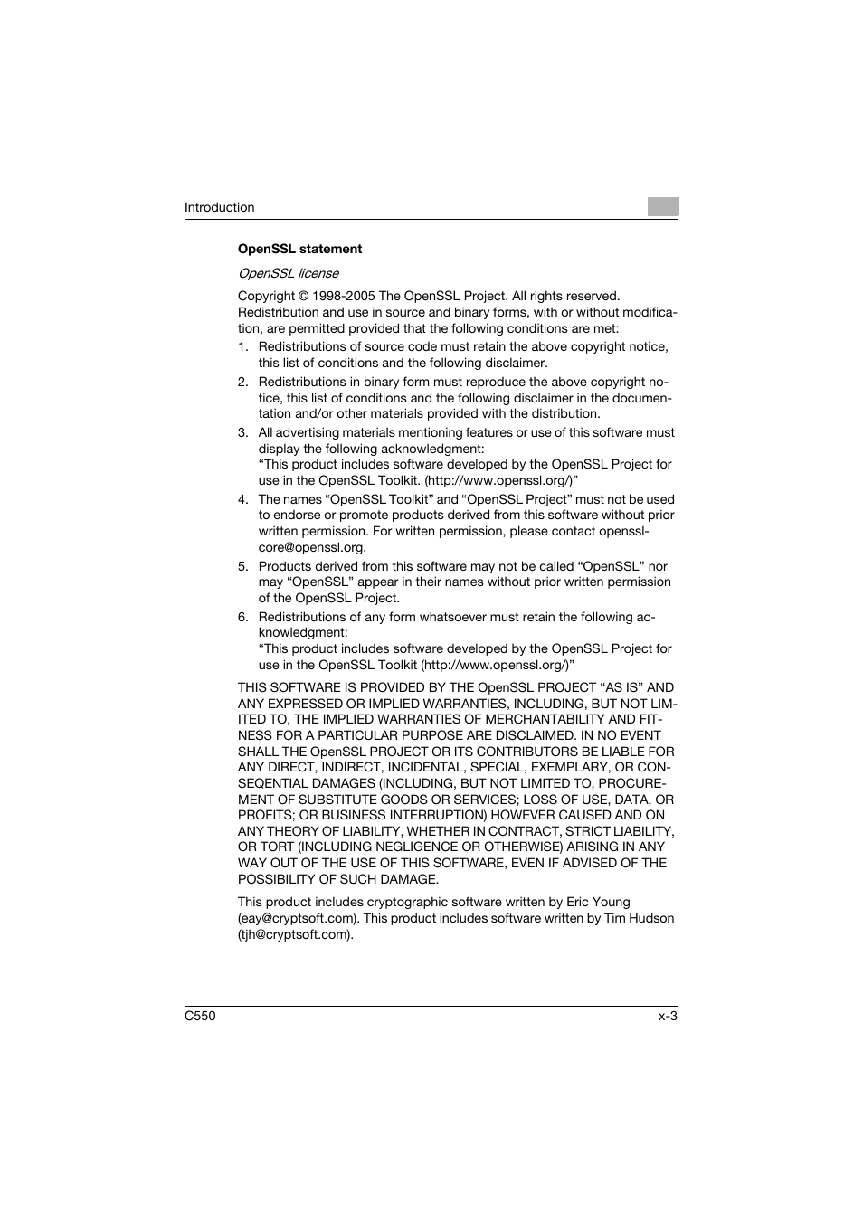 Openssl statement | Konica Minolta bizhub C550 User Manual | Page 4 / 427