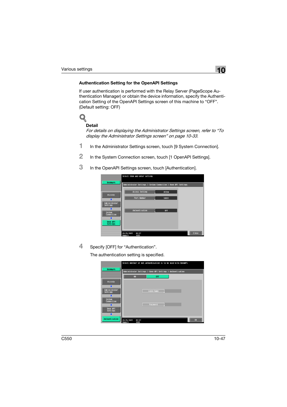 Authentication setting for the openapi settings | Konica Minolta bizhub C550 User Manual | Page 400 / 427