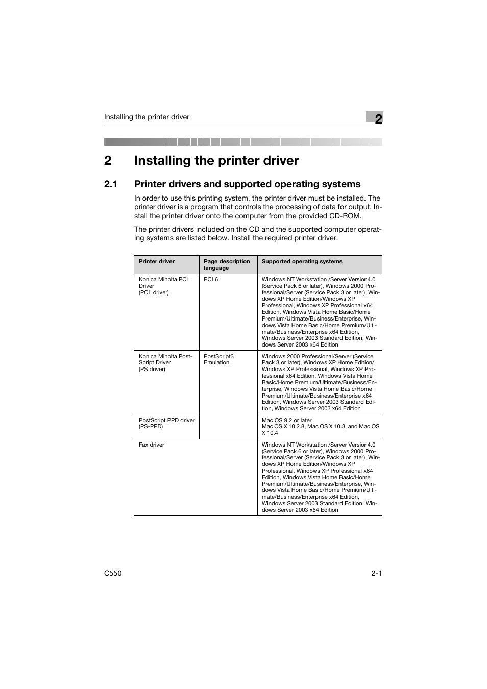 2 installing the printer driver, 1 printer drivers and supported operating systems, Installing the printer driver | Printer drivers and supported operating systems -1, 2installing the printer driver | Konica Minolta bizhub C550 User Manual | Page 45 / 427