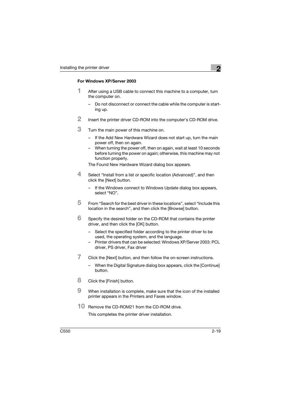 For windows xp/server 2003, For windows xp/server 2003 -19 | Konica Minolta bizhub C550 User Manual | Page 63 / 427