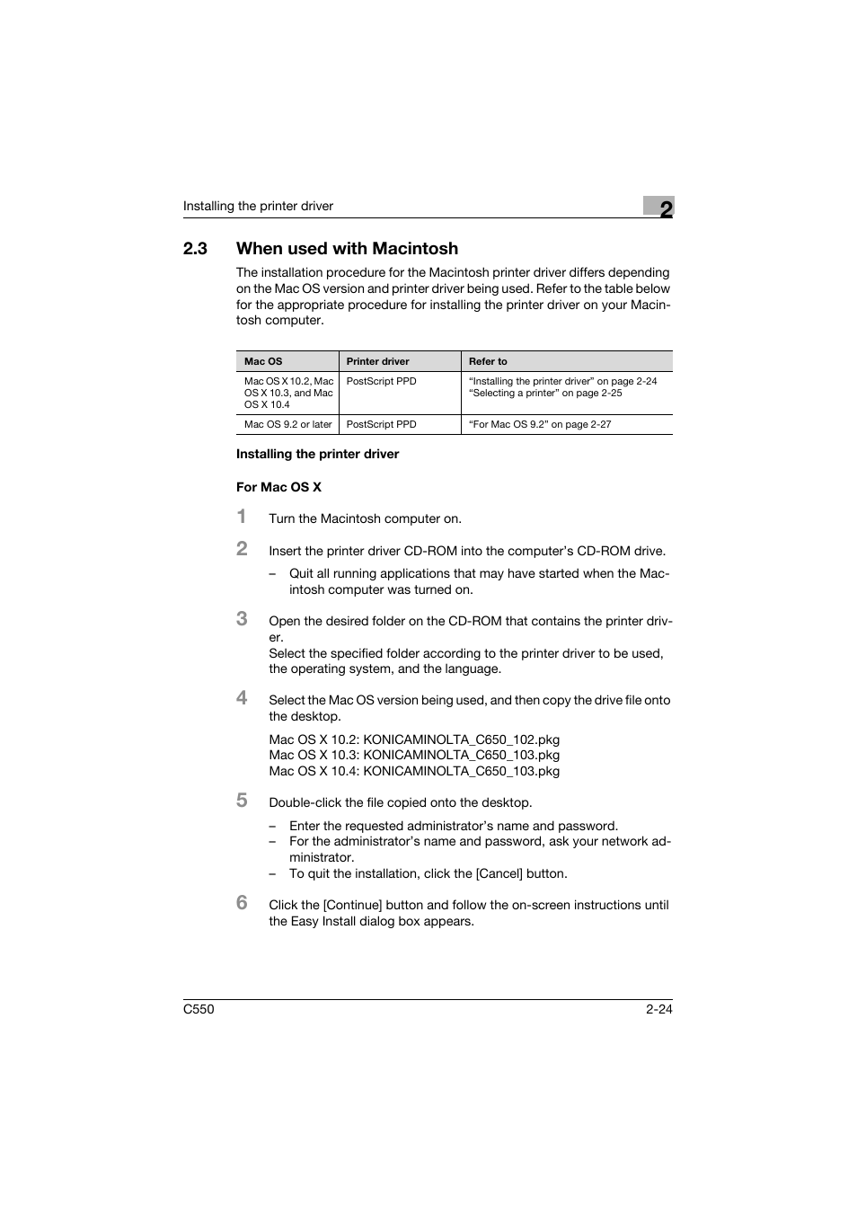 3 when used with macintosh, Installing the printer driver, For mac os x | When used with macintosh -24, Installing the printer driver -24 for mac os x -24 | Konica Minolta bizhub C550 User Manual | Page 68 / 427