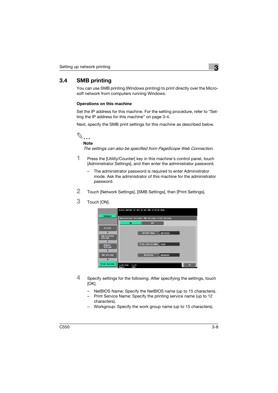 4 smb printing, Operations on this machine, Smb printing -8 | Operations on this machine -8 | Konica Minolta bizhub C550 User Manual | Page 82 / 427