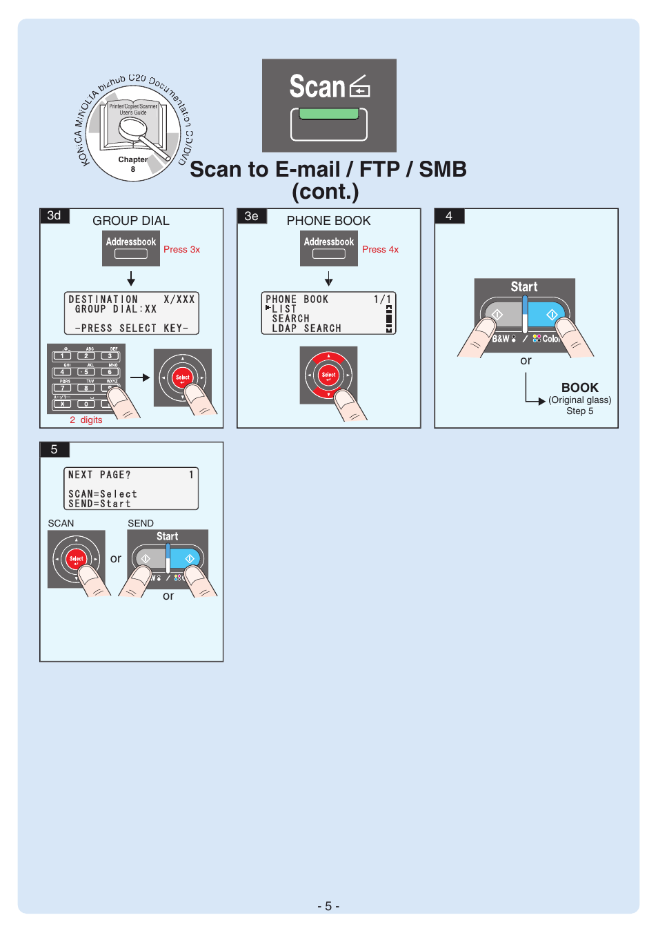 Scan to e-mail / ftp / smb (cont.), 3d 3e group dial, 4book | Or phone book | Konica Minolta bizhub C20X User Manual | Page 5 / 12