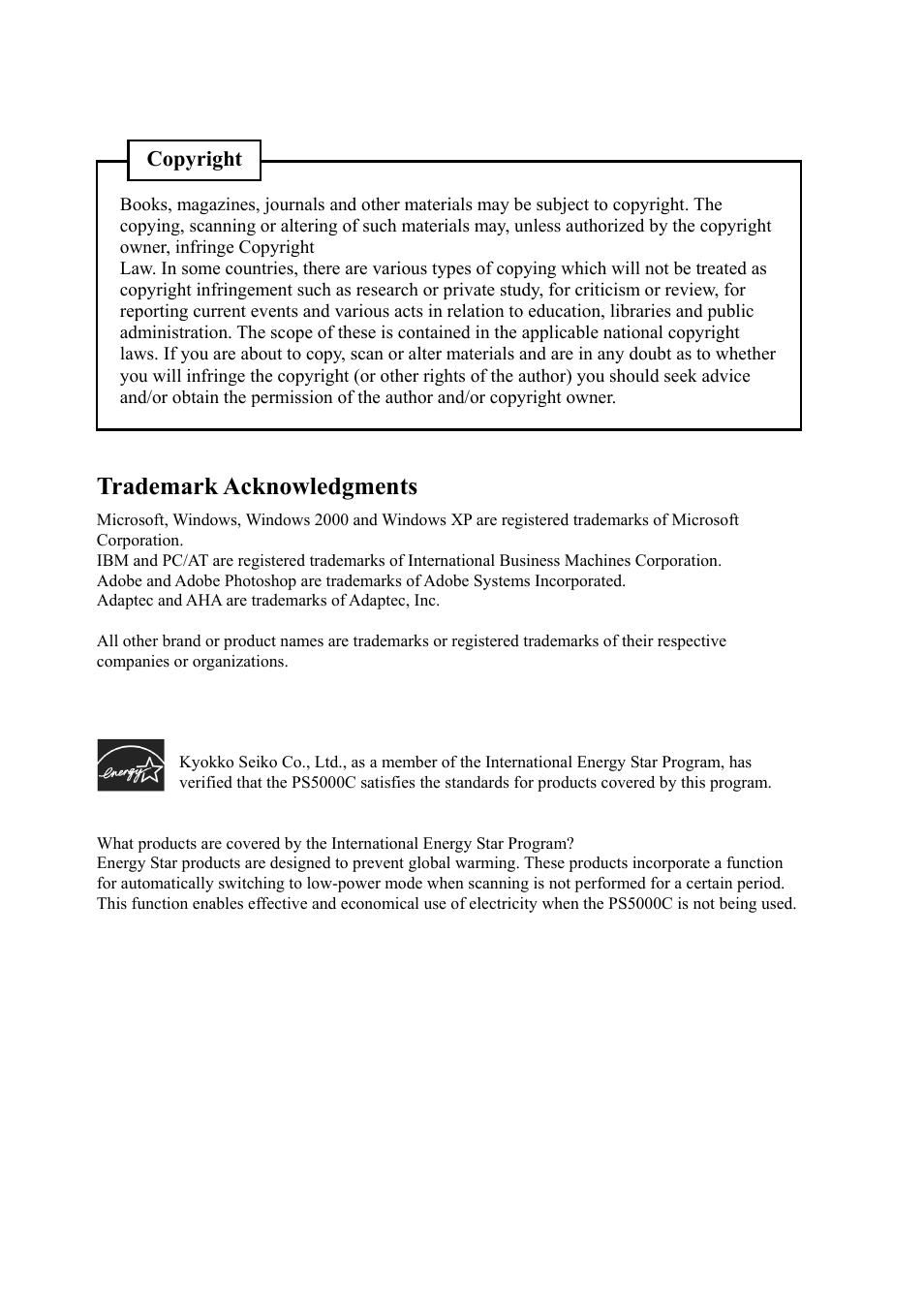 Trademark acknowledgments, Copyright | Konica Minolta PS5000C User Manual | Page 12 / 74