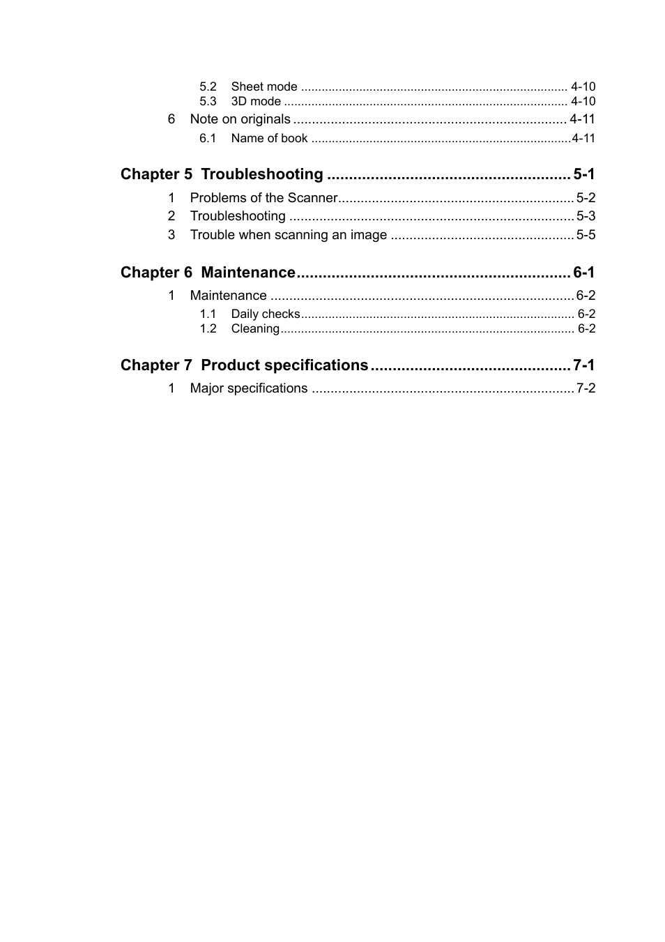 Chapter 5 troubleshooting -1, Chapter 6 maintenance -1, Chapter 7 product specifications -1 | Konica Minolta PS5000C User Manual | Page 15 / 74