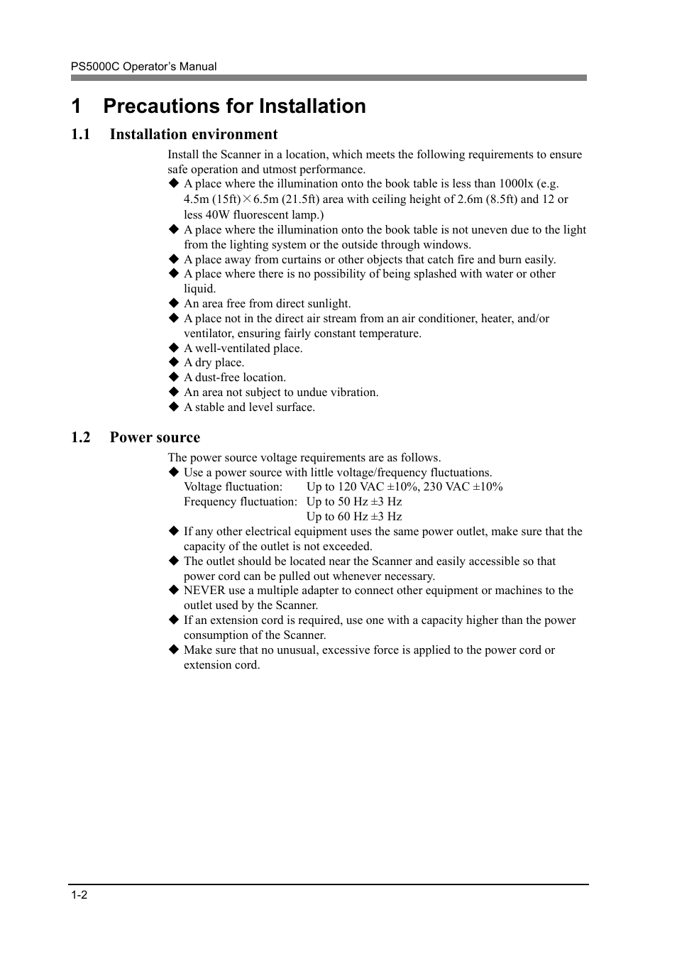 1 precautions for installation, 1 installation environment, 2 power source | Konica Minolta PS5000C User Manual | Page 18 / 74
