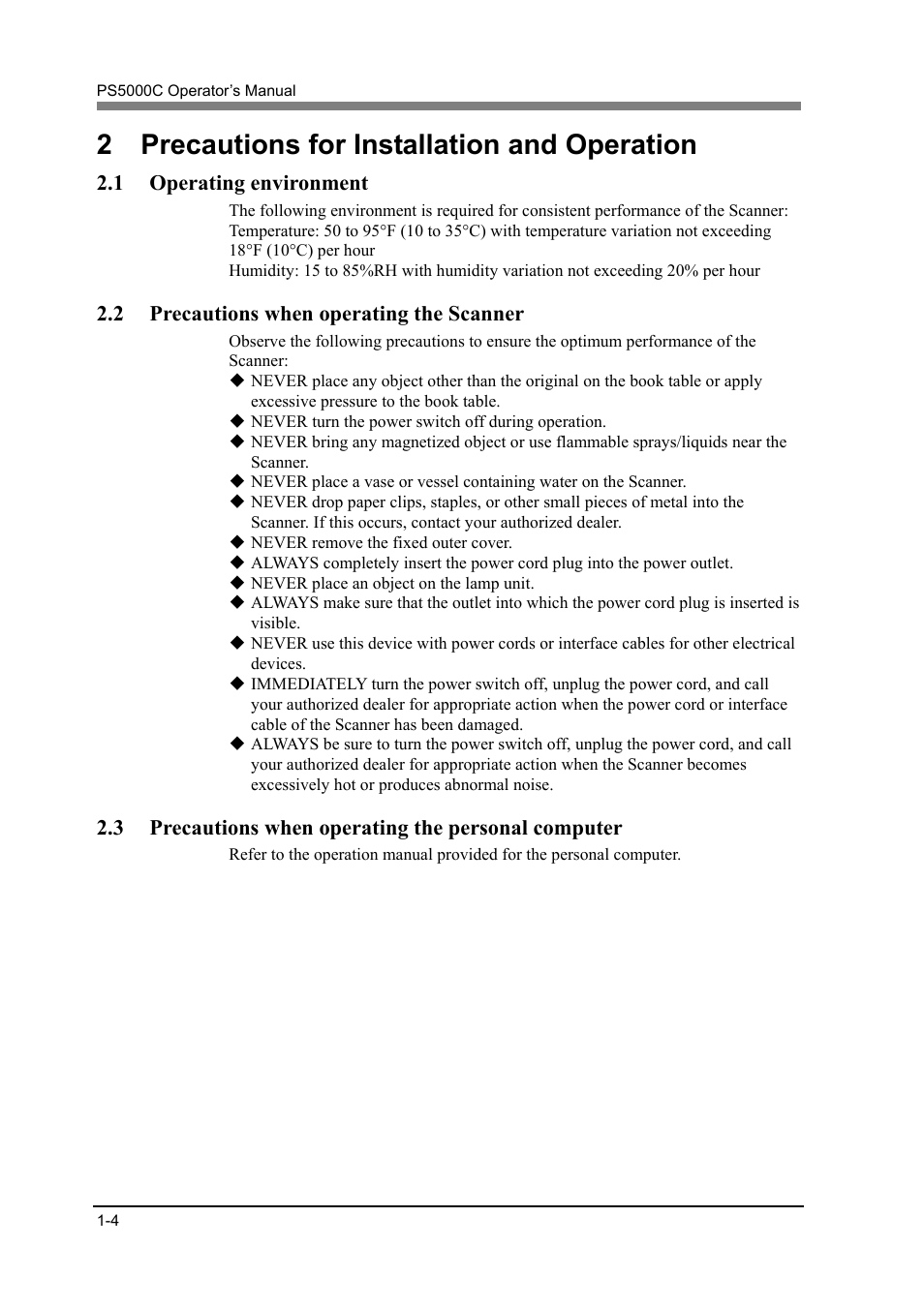 2 precautions for installation and operation, 1 operating environment, 2 precautions when operating the scanner | 3 precautions when operating the personal computer | Konica Minolta PS5000C User Manual | Page 20 / 74