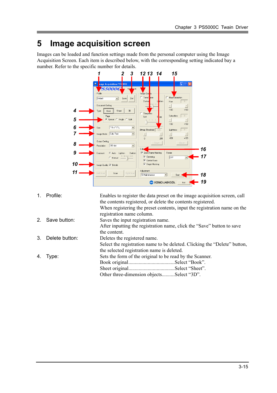 5 image acquisition screen | Konica Minolta PS5000C User Manual | Page 41 / 74