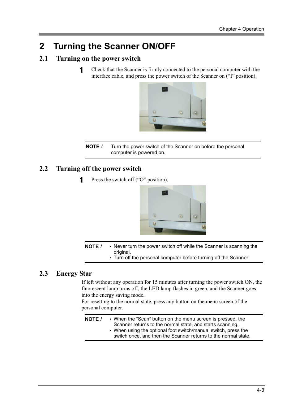 2 turning the scanner on/off, 1 turning on the power switch, 2 turning off the power switch | 3 energy star | Konica Minolta PS5000C User Manual | Page 49 / 74