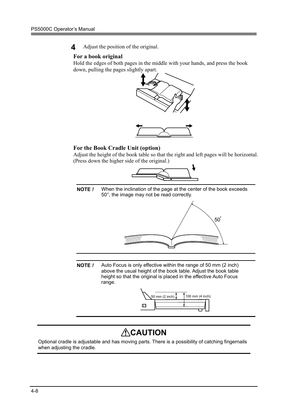 Caution, For a book original, For the book cradle unit (option) | Konica Minolta PS5000C User Manual | Page 54 / 74