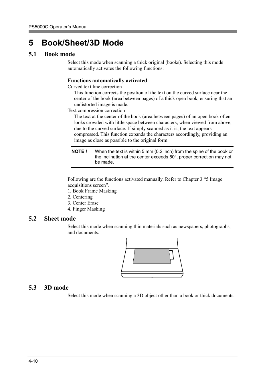 5 book/sheet/3d mode, 1 book mode, 2 sheet mode | 3 3d mode | Konica Minolta PS5000C User Manual | Page 56 / 74