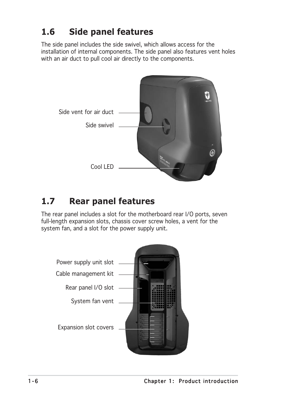 6 side panel features, 7 rear panel features | Asus Gaming Machine Chassis Kit VENTO 3600 User Manual | Page 14 / 36