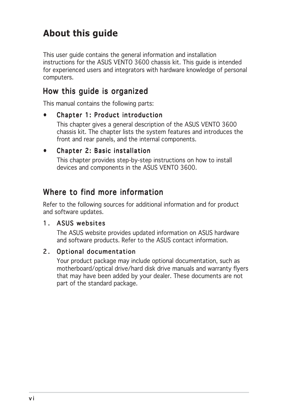 About this guide | Asus Gaming Machine Chassis Kit VENTO 3600 User Manual | Page 6 / 36