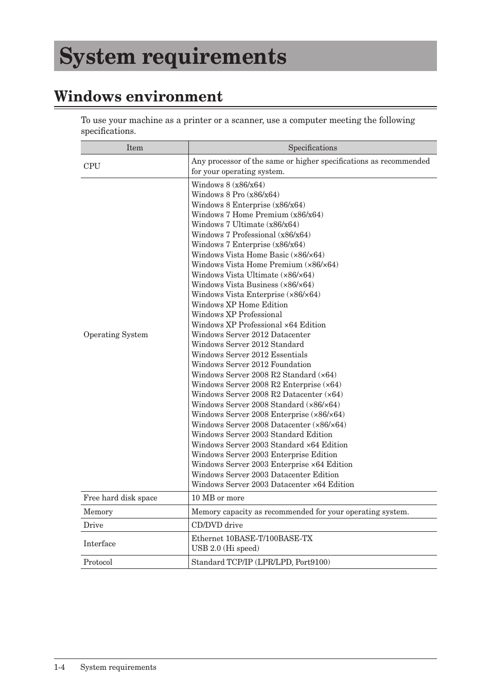 System requirements, Windows environment, System requirements -4 | Windows environment -4 | Konica Minolta bizhub 25e User Manual | Page 11 / 120