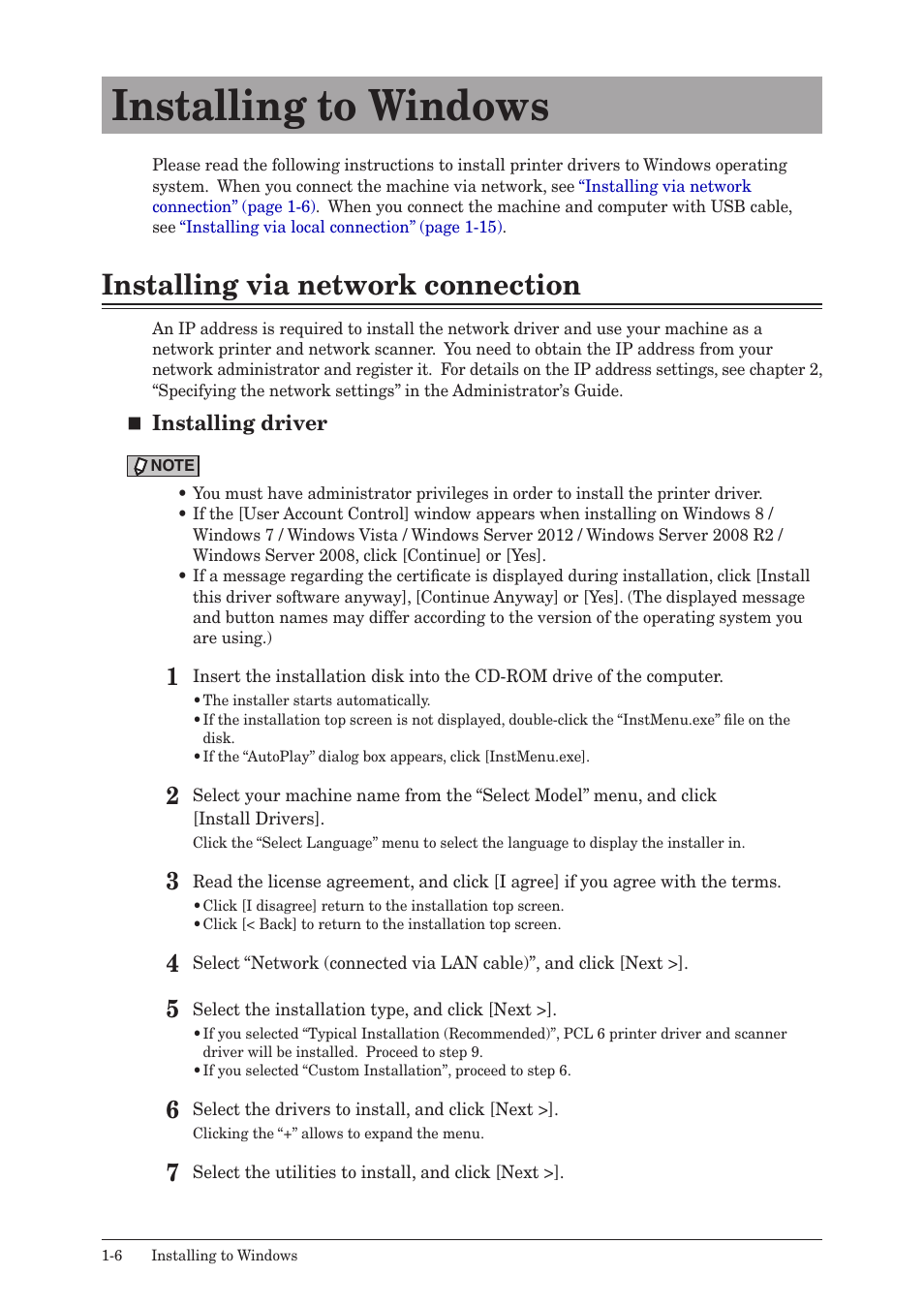 Installing to windows, Installing via network connection, Installing to windows -6 | Installing via network connection -6 | Konica Minolta bizhub 25e User Manual | Page 13 / 120