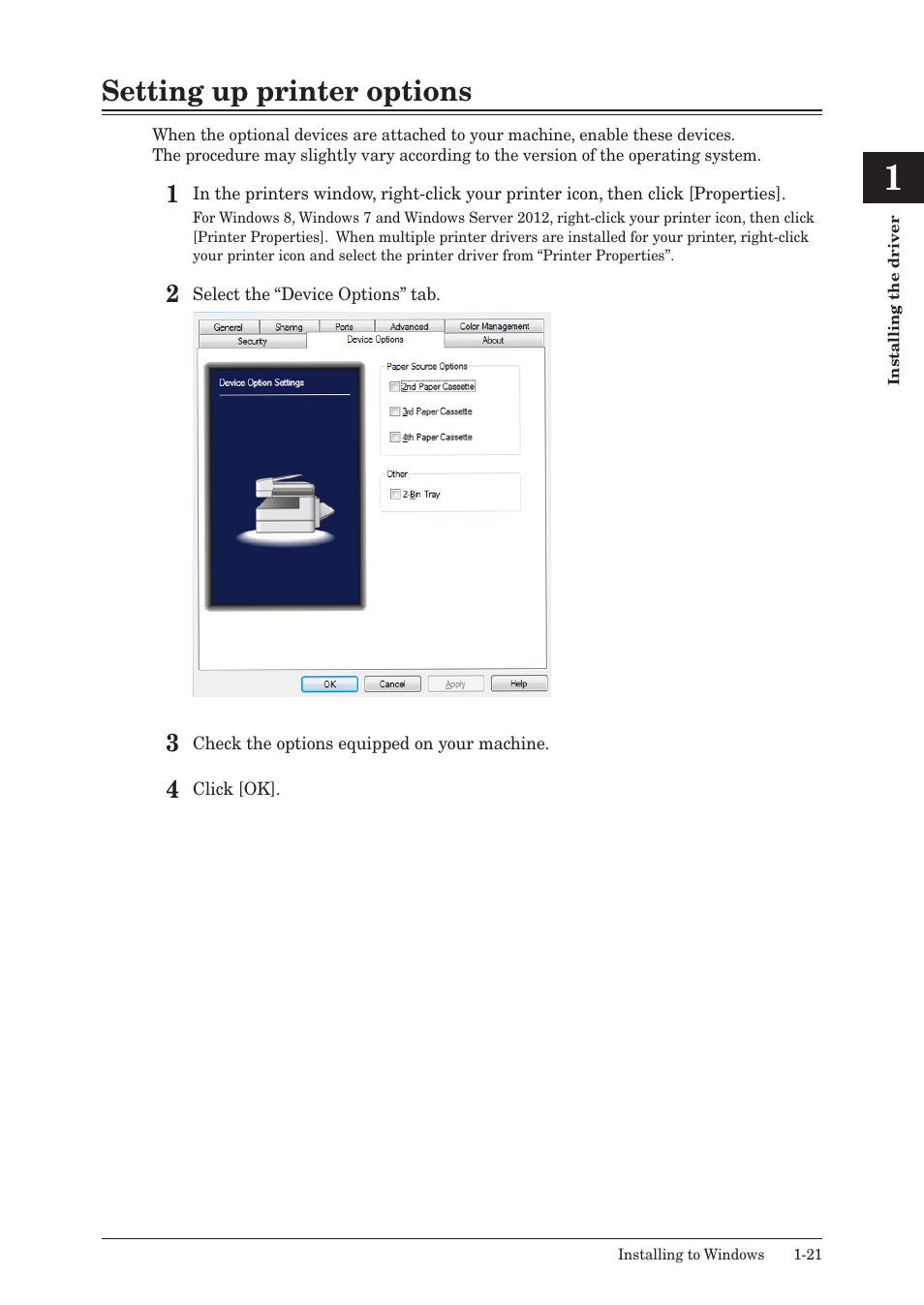 Setting up printer options, Setting up printer options -21, Setting up printer | Konica Minolta bizhub 25e User Manual | Page 28 / 120