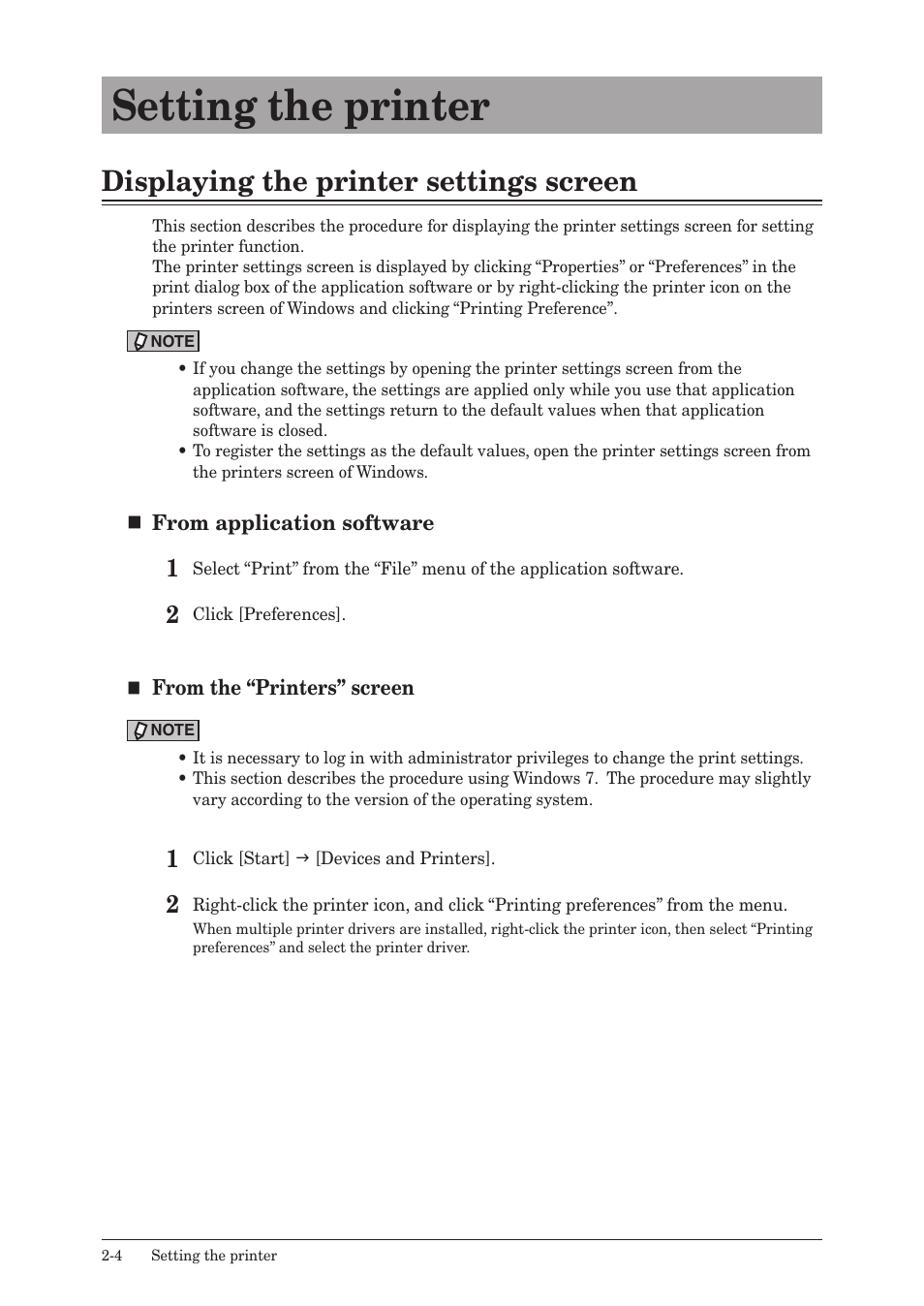 Setting the printer, Displaying the printer settings screen, Setting the printer -4 | Displaying the printer settings screen -4 | Konica Minolta bizhub 25e User Manual | Page 37 / 120