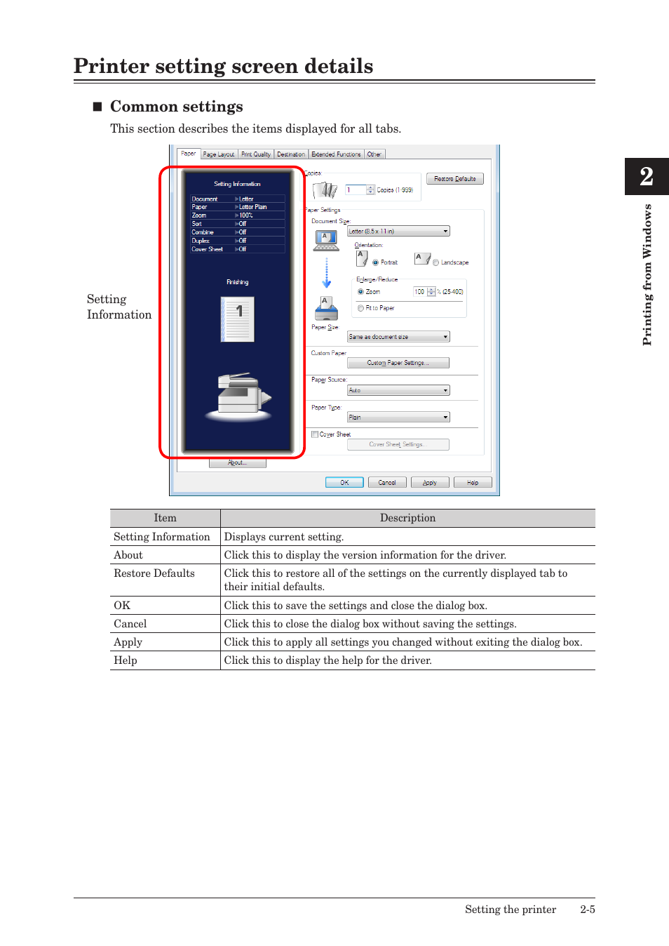 Printer setting screen details, Printer setting screen details -5, Common settings | Konica Minolta bizhub 25e User Manual | Page 38 / 120