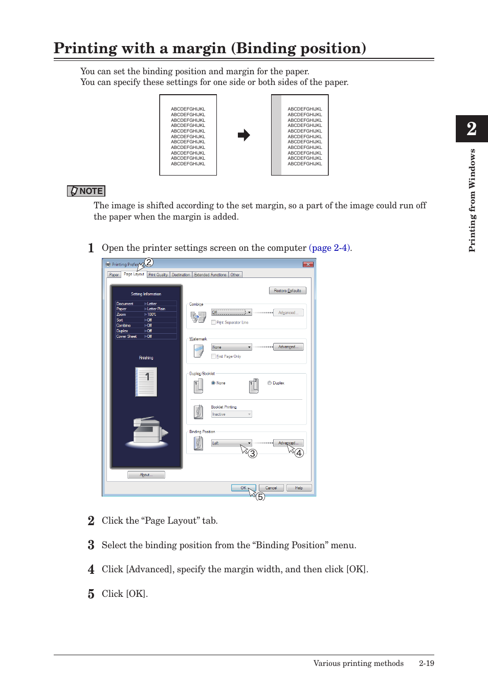 Printing with a margin (binding position), Printing with a margin (binding position) -19 | Konica Minolta bizhub 25e User Manual | Page 52 / 120