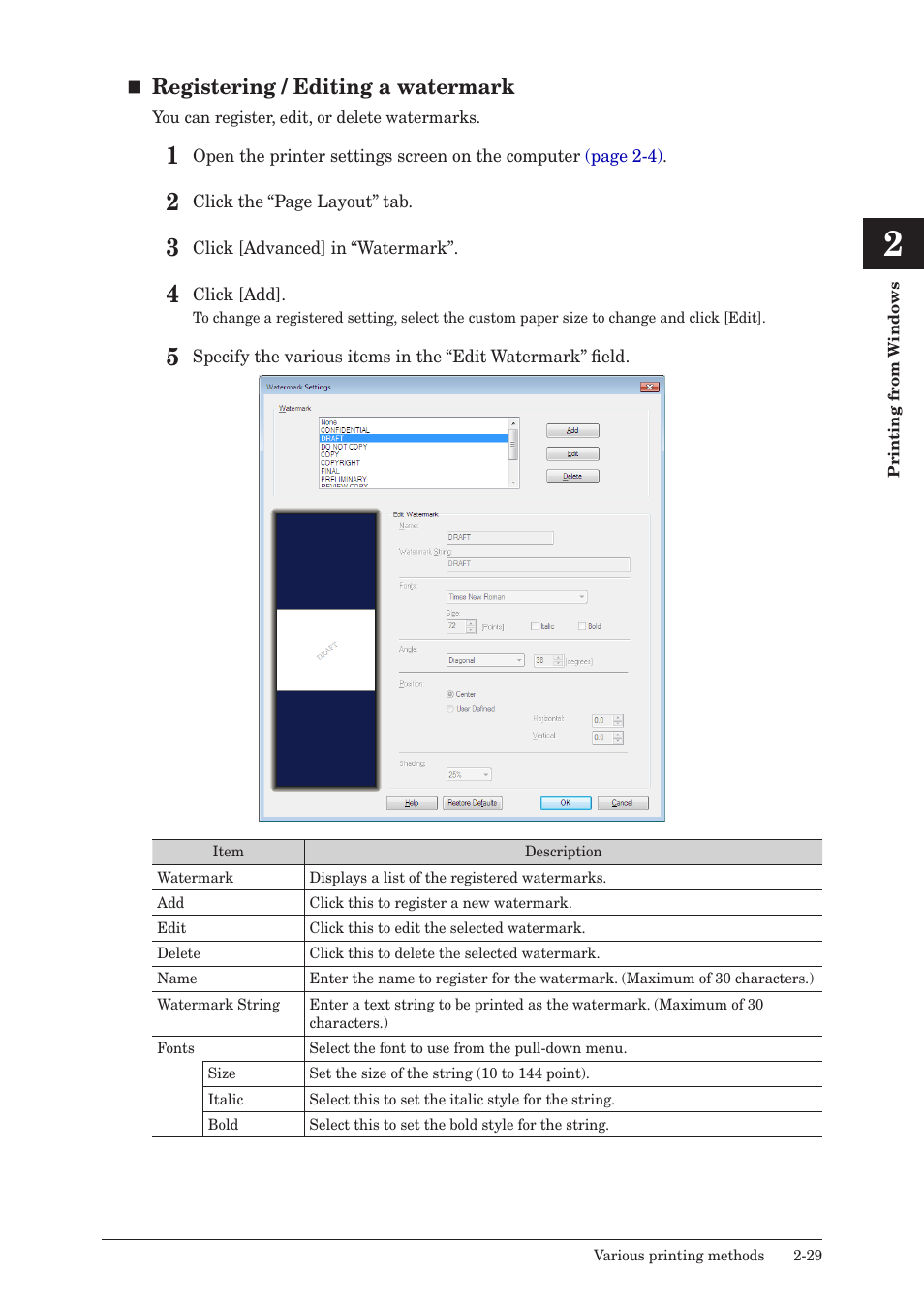 Registering / editing a watermark | Konica Minolta bizhub 25e User Manual | Page 62 / 120