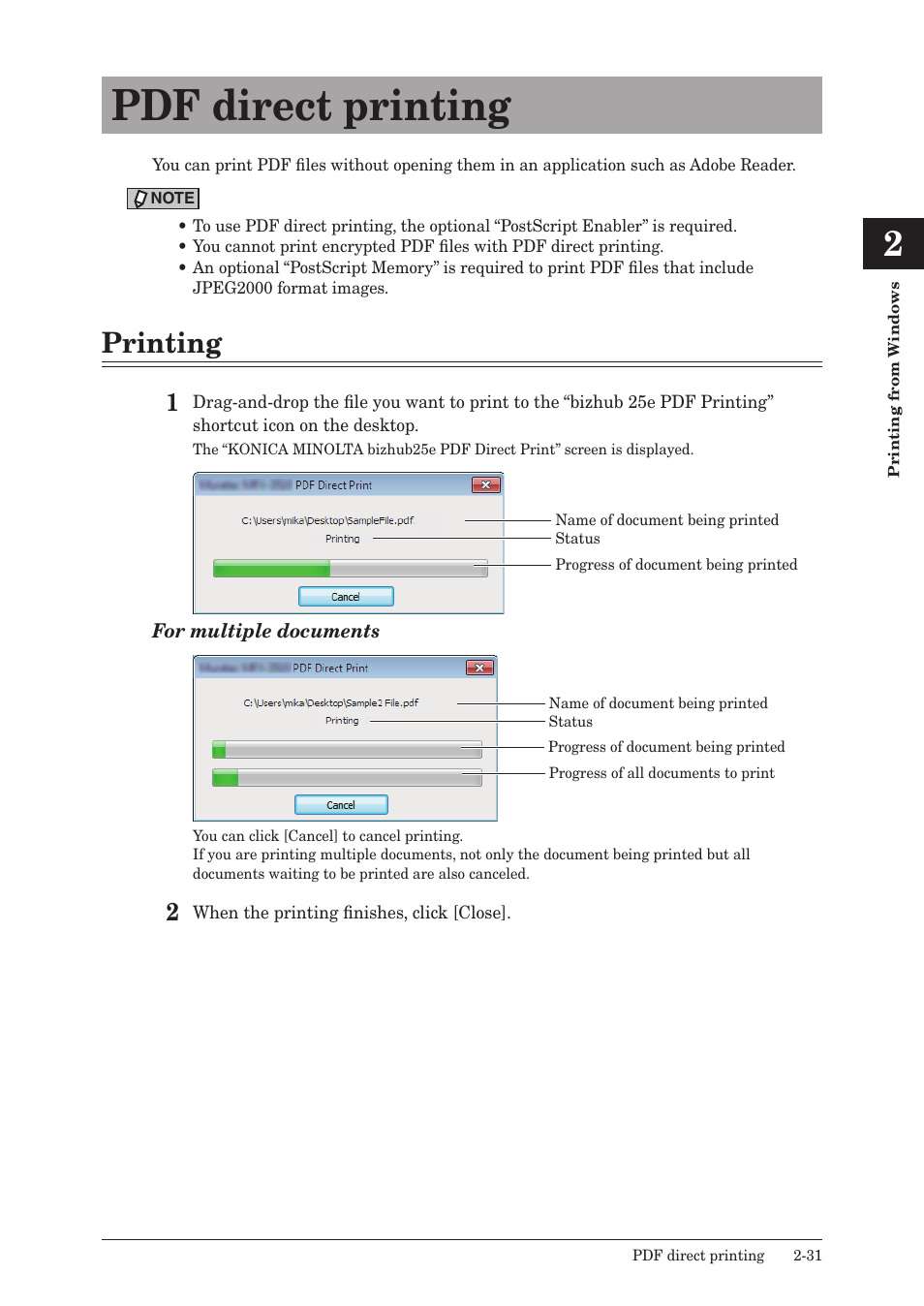 Pdf direct printing, Printing, Pdf direct printing -31 | Printing -31 | Konica Minolta bizhub 25e User Manual | Page 64 / 120