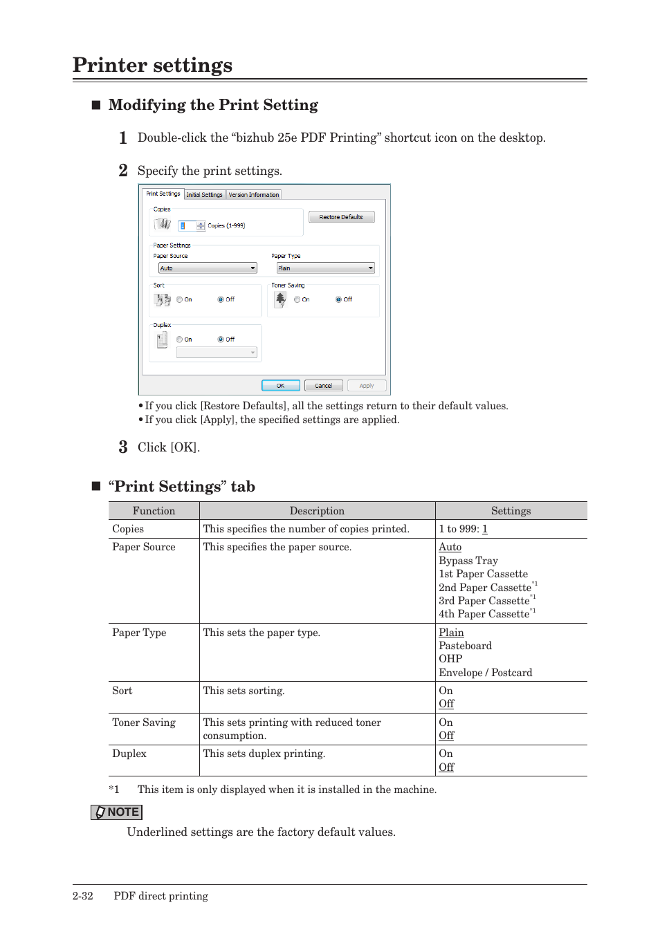 Printer settings, Printer settings -32, Modifying the print setting | Print settings ” tab | Konica Minolta bizhub 25e User Manual | Page 65 / 120