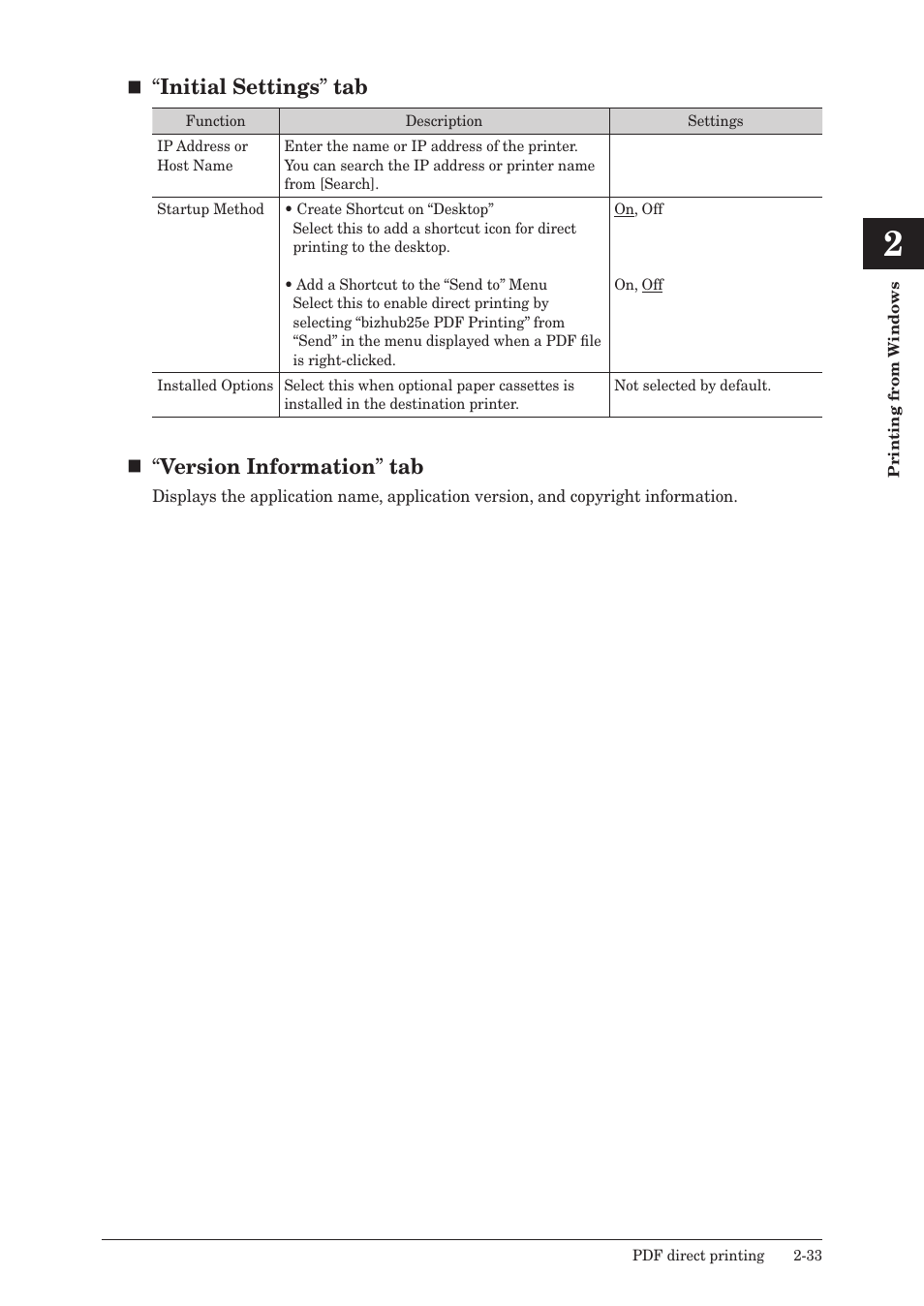 Initial settings ” tab, Version information ” tab | Konica Minolta bizhub 25e User Manual | Page 66 / 120