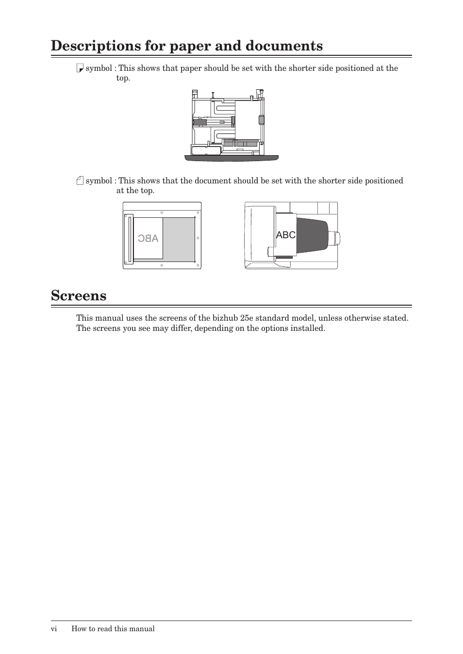 Descriptions for paper and documents, Screens | Konica Minolta bizhub 25e User Manual | Page 7 / 120