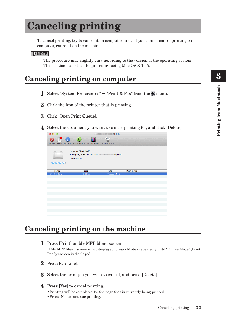 Canceling printing, Canceling printing on computer, Canceling printing on the machine | Canceling printing -3 | Konica Minolta bizhub 25e User Manual | Page 70 / 120