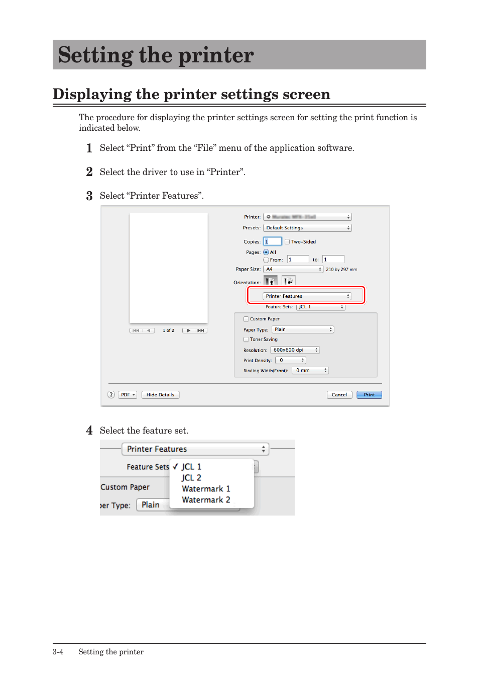 Setting the printer, Displaying the printer settings screen, Setting the printer -4 | Displaying the printer settings screen -4 | Konica Minolta bizhub 25e User Manual | Page 71 / 120