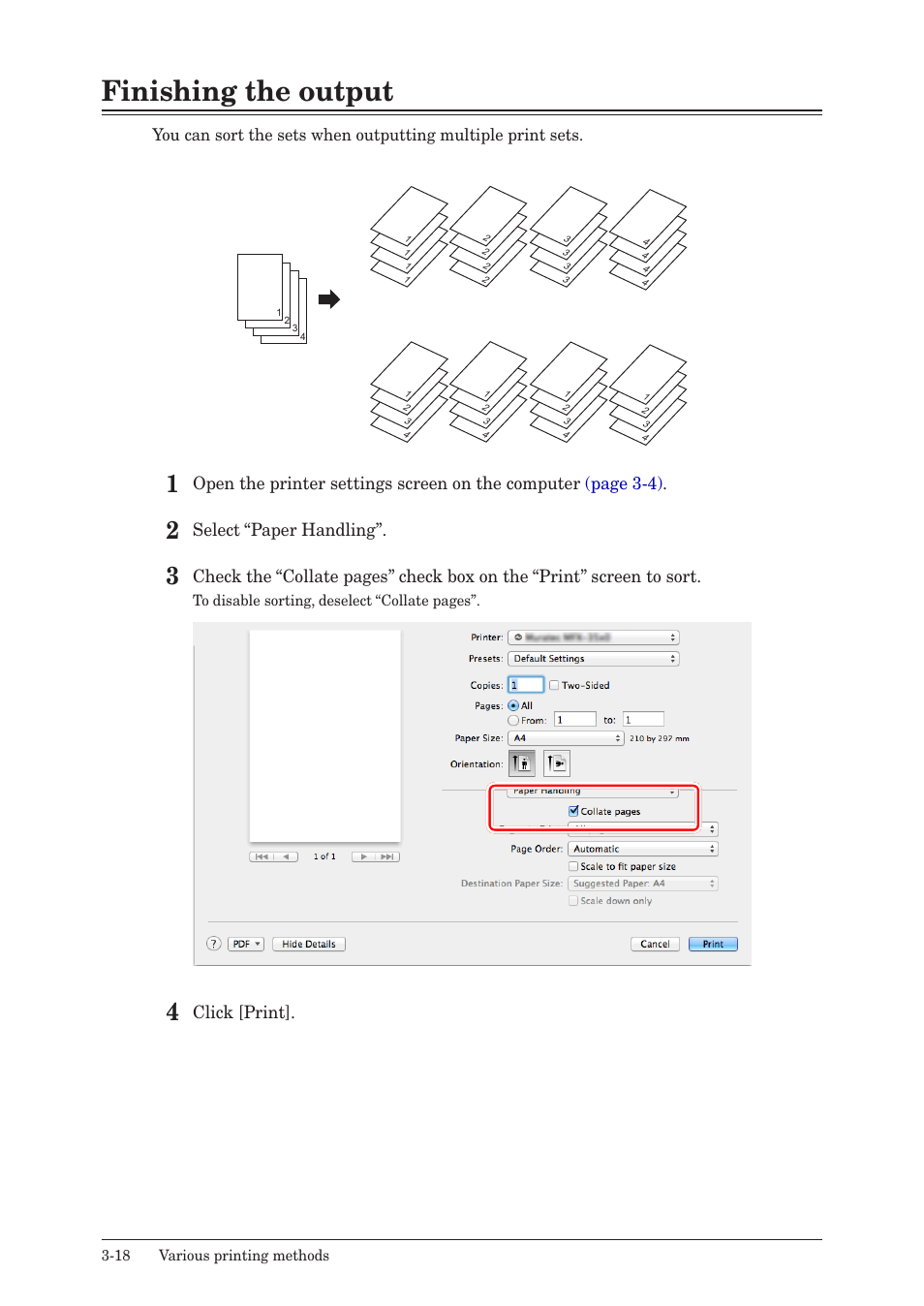 Finishing the output, Finishing the output -18, Select “paper handling | Click [print | Konica Minolta bizhub 25e User Manual | Page 85 / 120