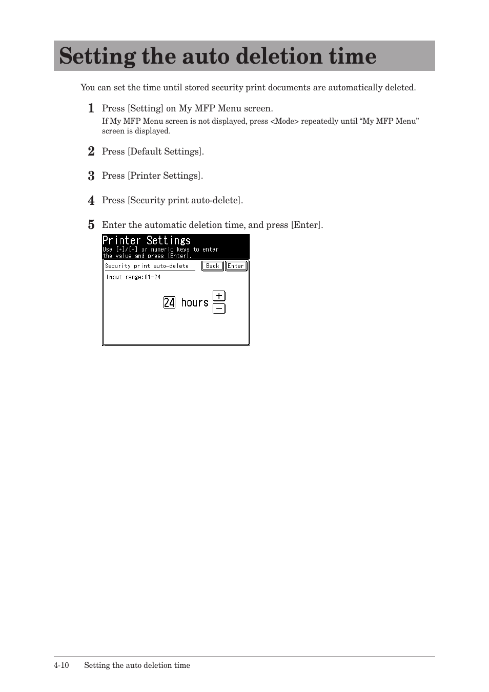 Setting the auto deletion time, Setting the auto deletion time -10 | Konica Minolta bizhub 25e User Manual | Page 99 / 120