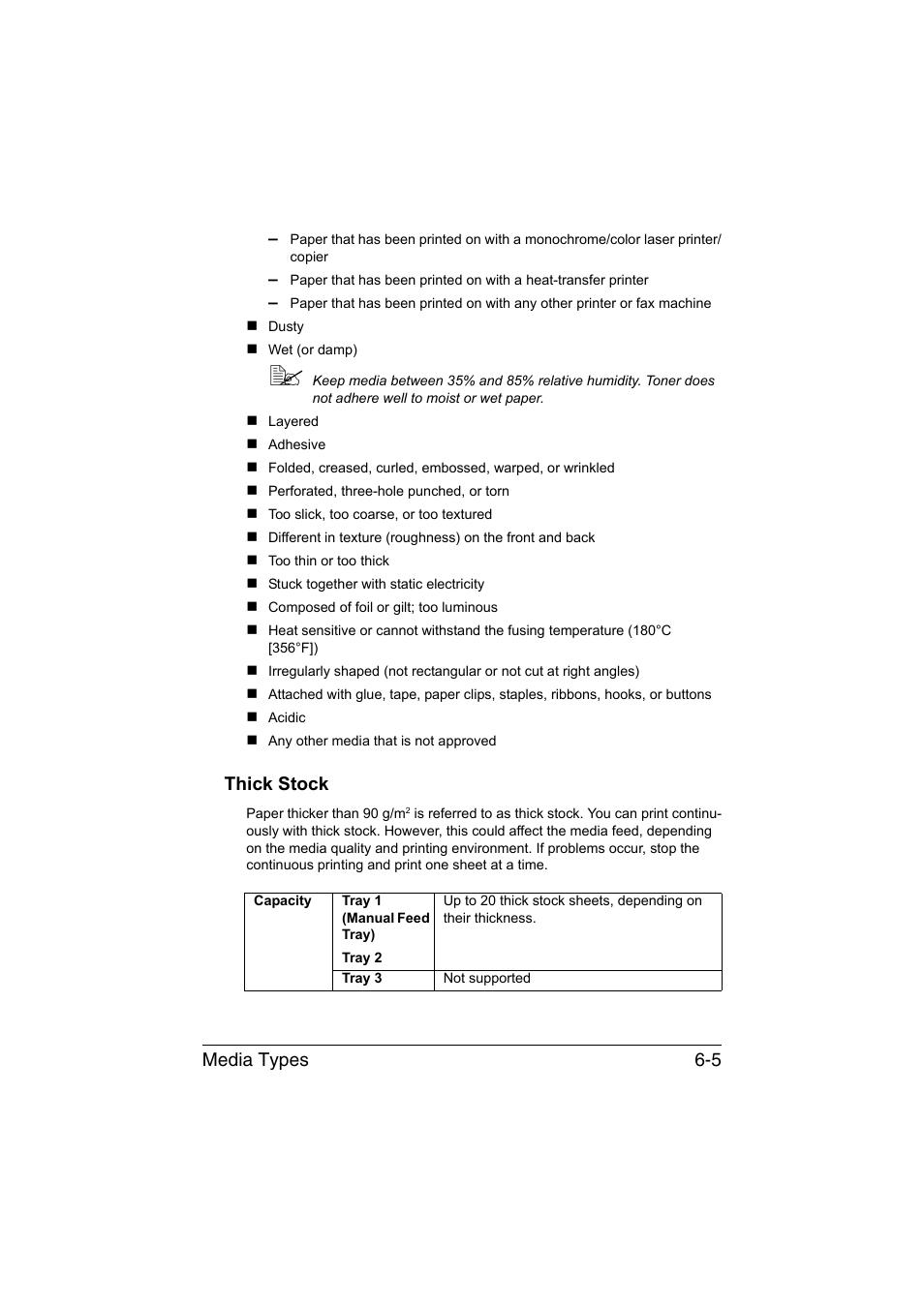 Thick stock, Thick stock -5, Media types 6-5 | Konica Minolta bizhub C35P User Manual | Page 124 / 280