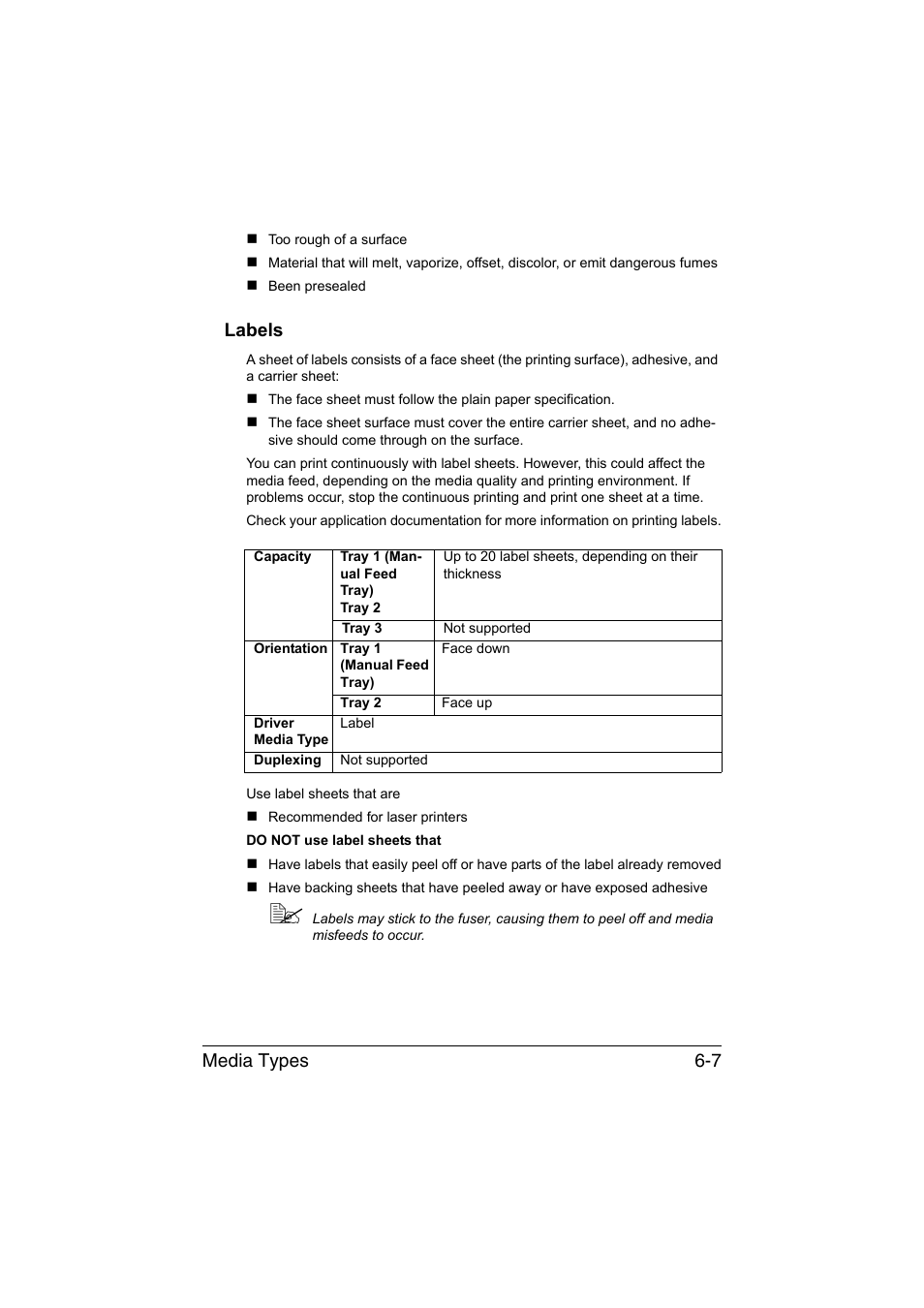 Labels, Labels -7, Media types 6-7 | Konica Minolta bizhub C35P User Manual | Page 126 / 280