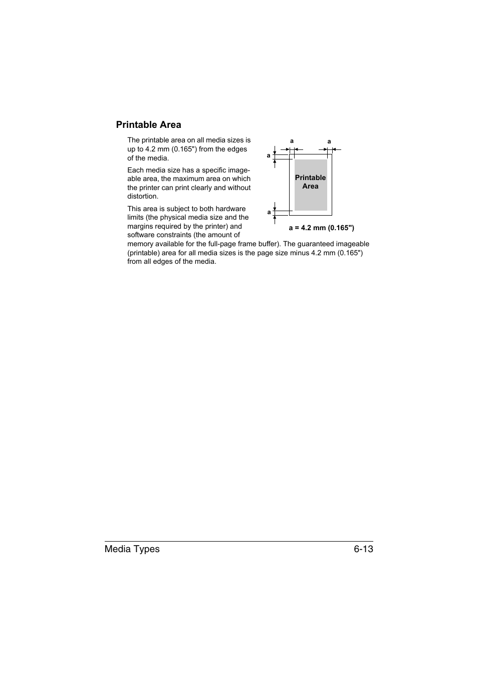 Printable area, Printable area -13, Media types 6-13 printable area | Konica Minolta bizhub C35P User Manual | Page 132 / 280