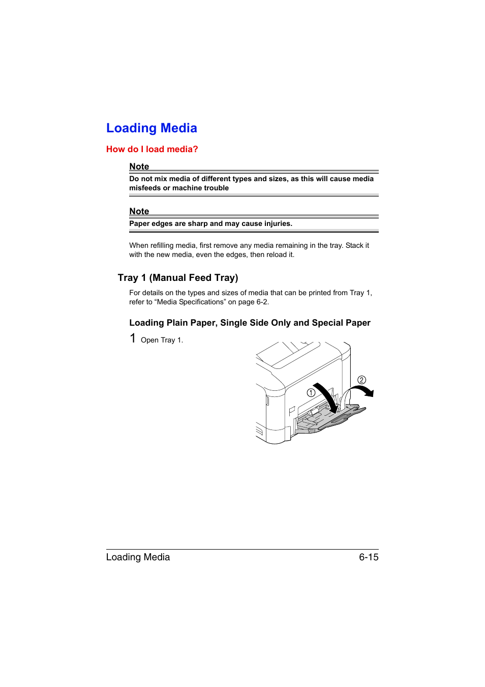 Loading media, Tray 1 (manual feed tray), Loading media -15 | Tray 1 (manual feed tray) -15 | Konica Minolta bizhub C35P User Manual | Page 134 / 280