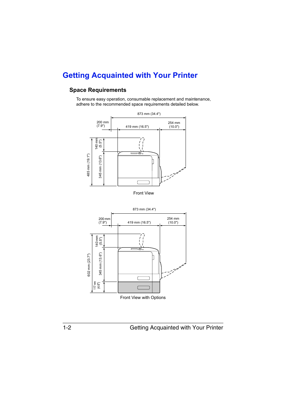 Getting acquainted with your printer, Space requirements, Getting acquainted with your printer -2 | Space requirements -2, Getting acquainted with your printer 1-2 | Konica Minolta bizhub C35P User Manual | Page 17 / 280