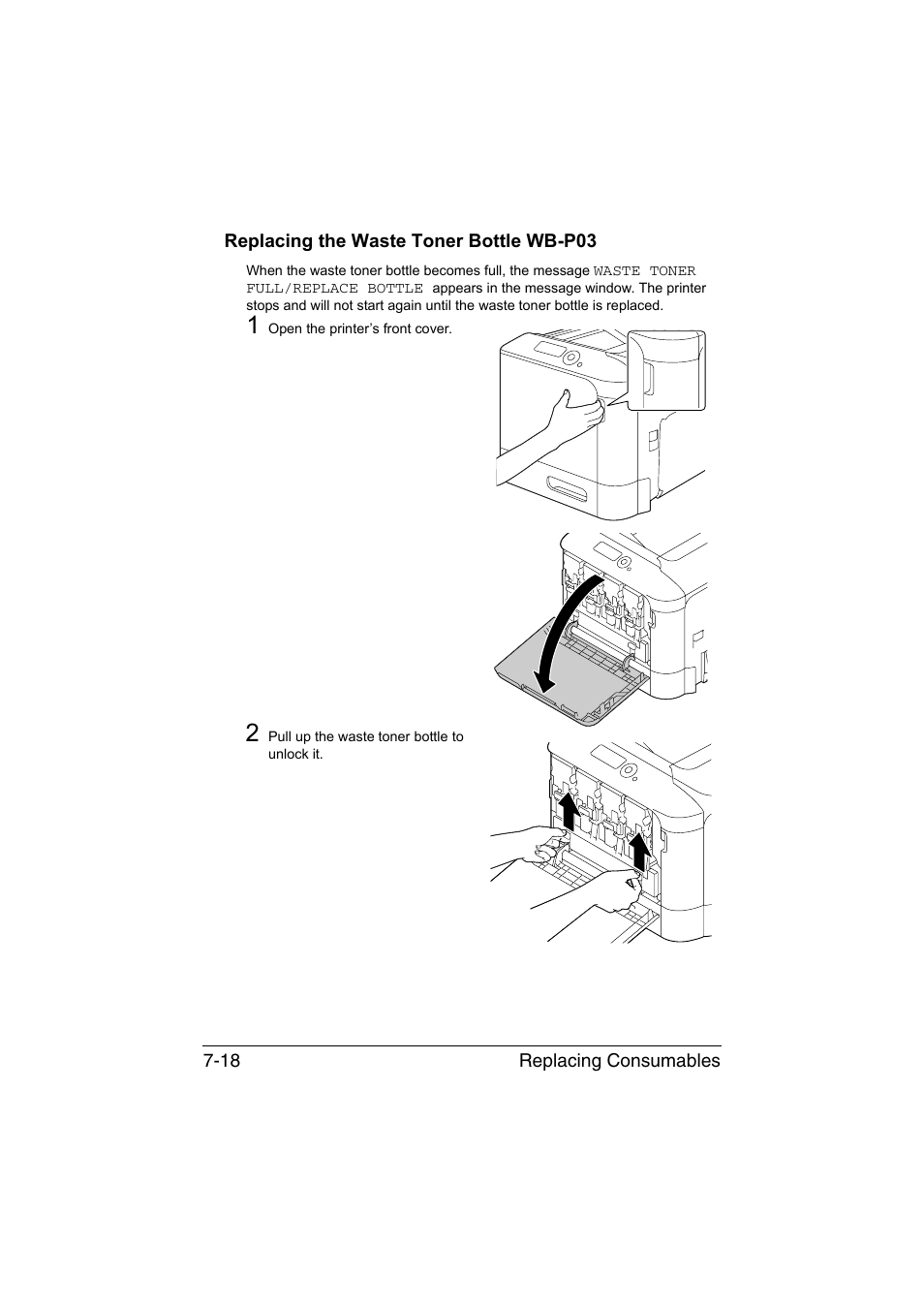 Replacing the waste toner bottle wb-p03, Replacing the waste toner bottle wb-p03 -18 | Konica Minolta bizhub C35P User Manual | Page 171 / 280