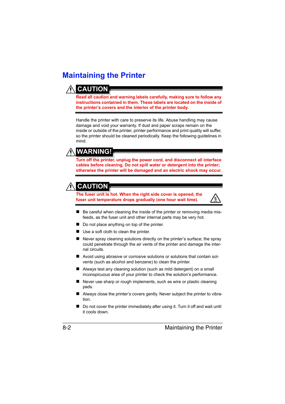 Maintaining the printer, Maintaining the printer -2, Caution | Warning | Konica Minolta bizhub C35P User Manual | Page 193 / 280