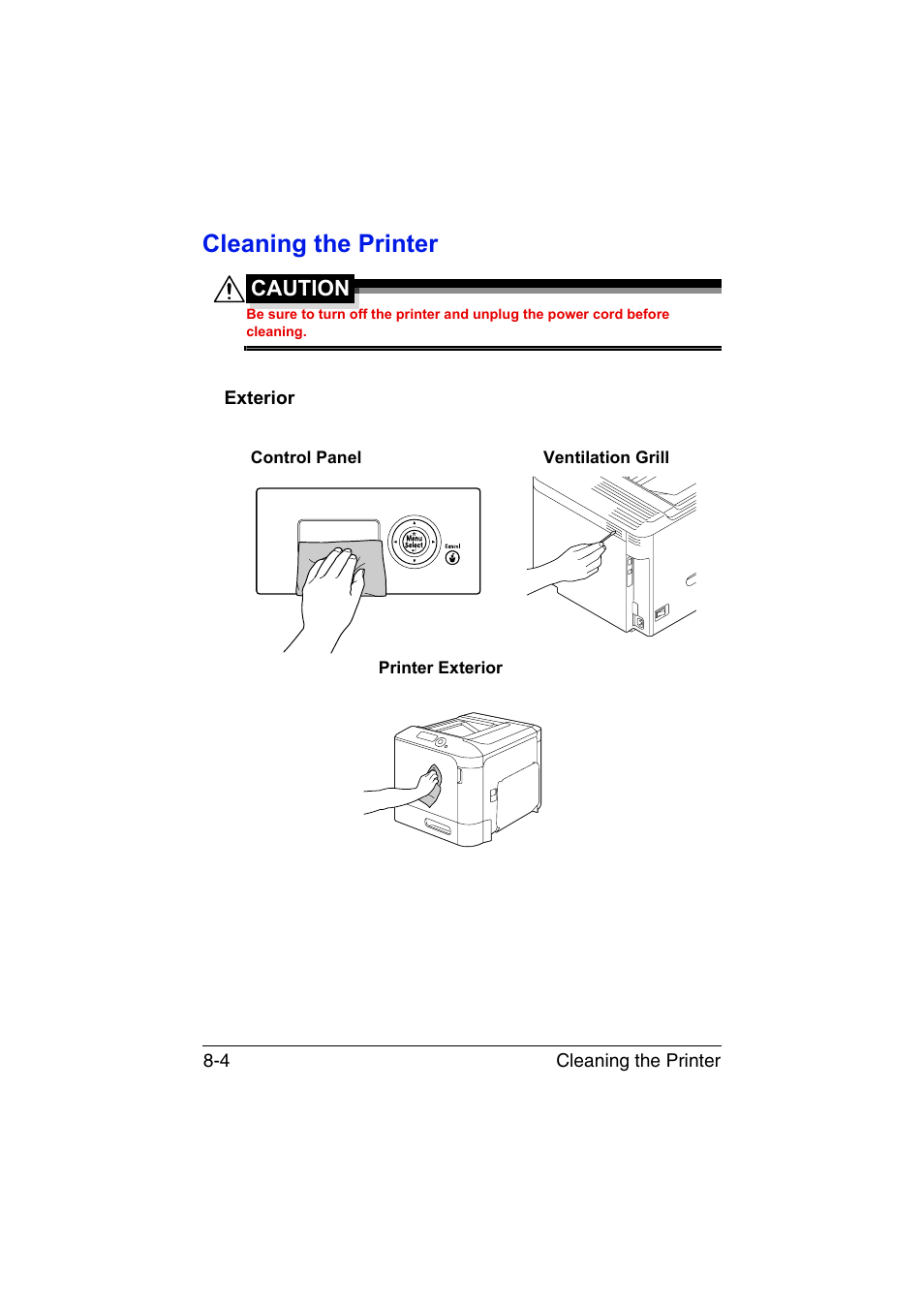 Cleaning the printer, Exterior, Cleaning the printer -4 | Exterior -4 | Konica Minolta bizhub C35P User Manual | Page 195 / 280
