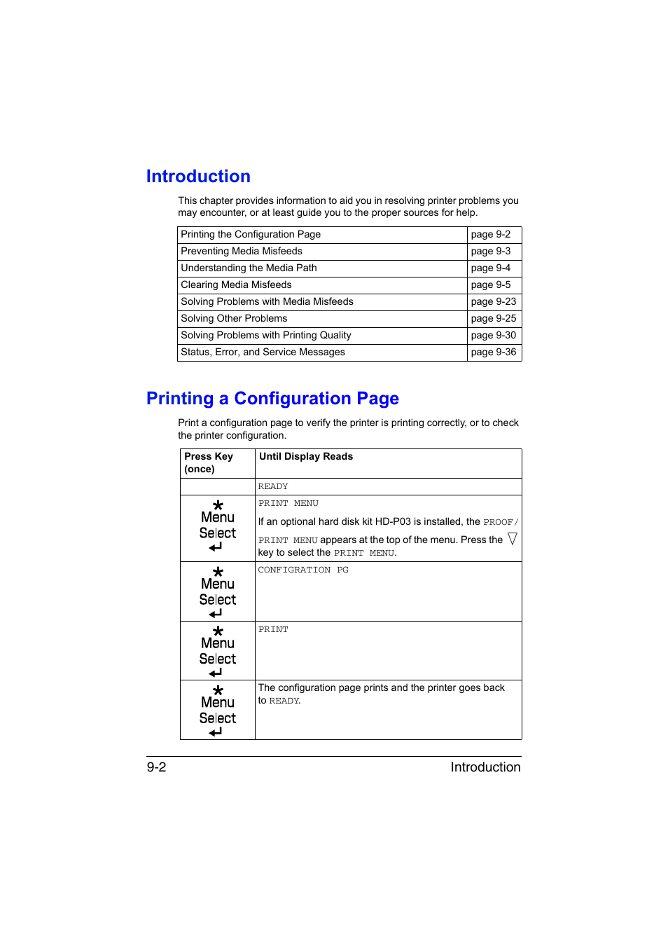 Introduction, Printin g a configuration page, Introduction 9-2 | Konica Minolta bizhub C35P User Manual | Page 207 / 280