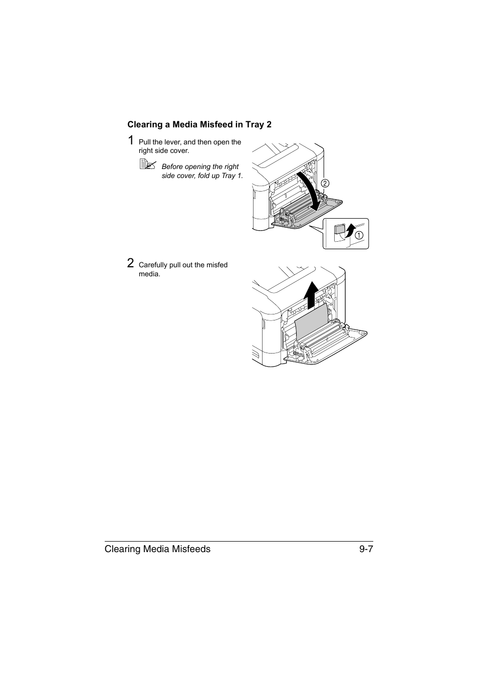 Clearing a media misfeed in tray 2, Clearing a media misfeed in tray 2 -7 | Konica Minolta bizhub C35P User Manual | Page 212 / 280