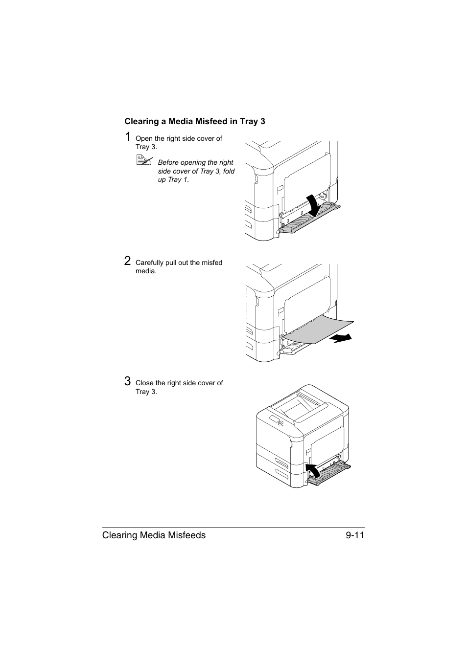 Clearing a media misfeed in tray 3, Clearing a media misfeed in tray 3 -11 | Konica Minolta bizhub C35P User Manual | Page 216 / 280