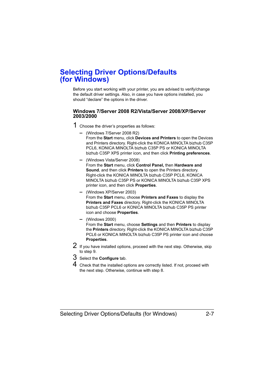 Selecting driver options/defaults (for windows), Selecting driver options/defaults (for windows) -7 | Konica Minolta bizhub C35P User Manual | Page 28 / 280