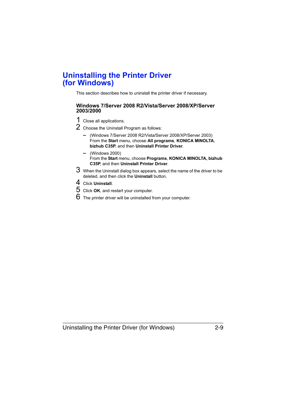 Uninstalling the printer driver (for windows), Uninstalling the printer driver (for windows) -9 | Konica Minolta bizhub C35P User Manual | Page 30 / 280