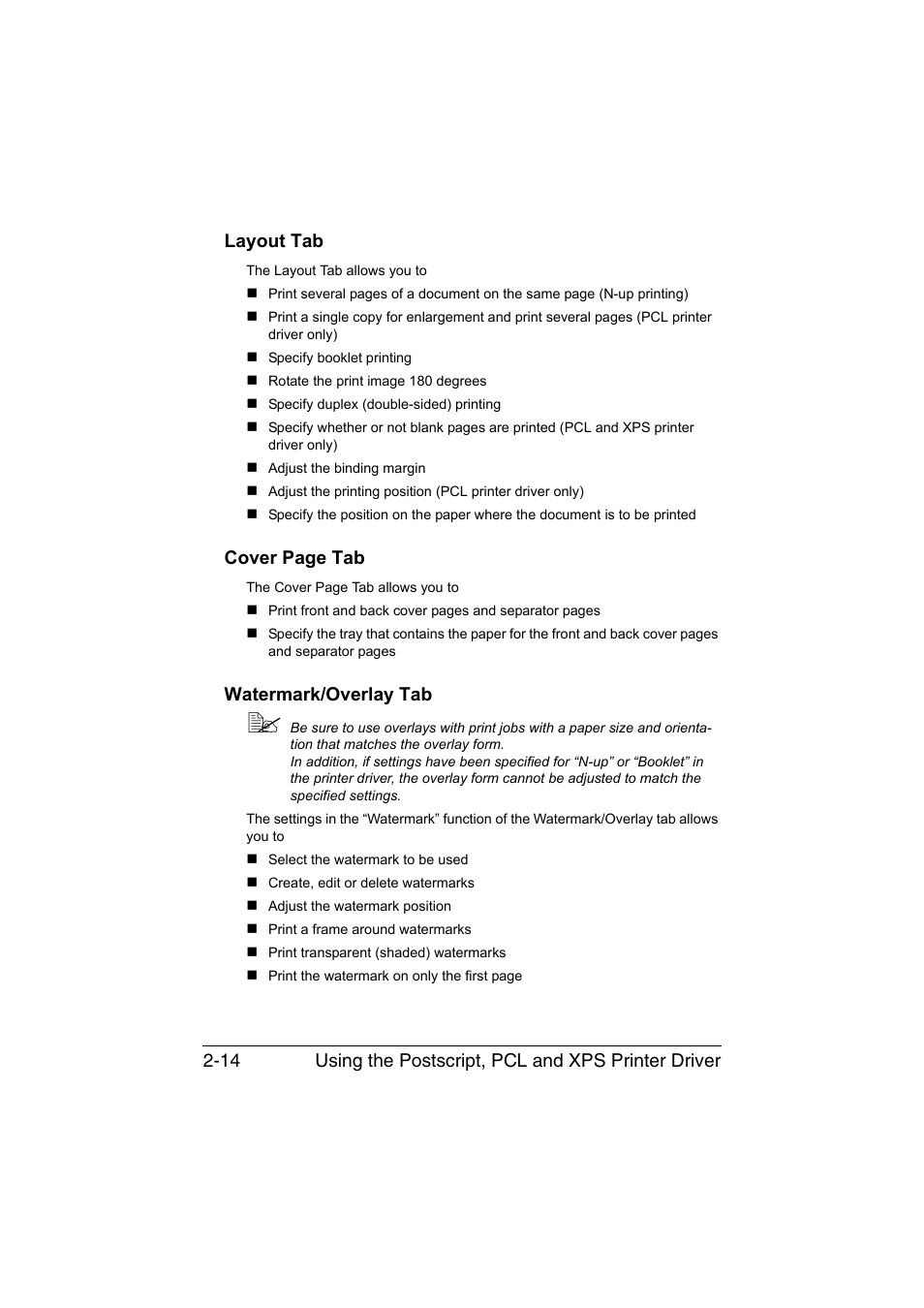 Layout tab, Watermark/overlay tab, Cover page tab | Konica Minolta bizhub C35P User Manual | Page 35 / 280