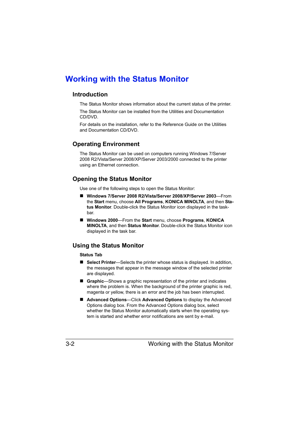 Working with the status monitor, Introduction, Operating environment | Opening the status monitor, Using the status monitor, Working with the status monitor -2 | Konica Minolta bizhub C35P User Manual | Page 39 / 280