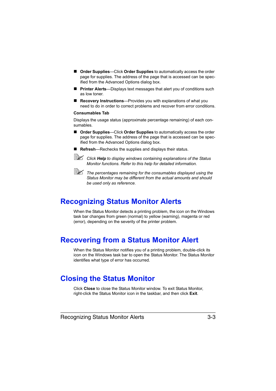 Recognizing status monitor alerts, Recovering from a status monitor alert, Closing the status monitor | Konica Minolta bizhub C35P User Manual | Page 40 / 280