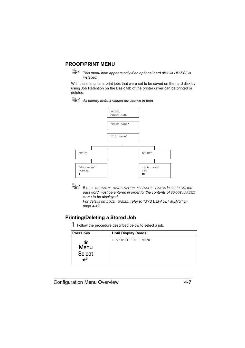 Proof/print menu, Printing/deleting a stored job | Konica Minolta bizhub C35P User Manual | Page 50 / 280