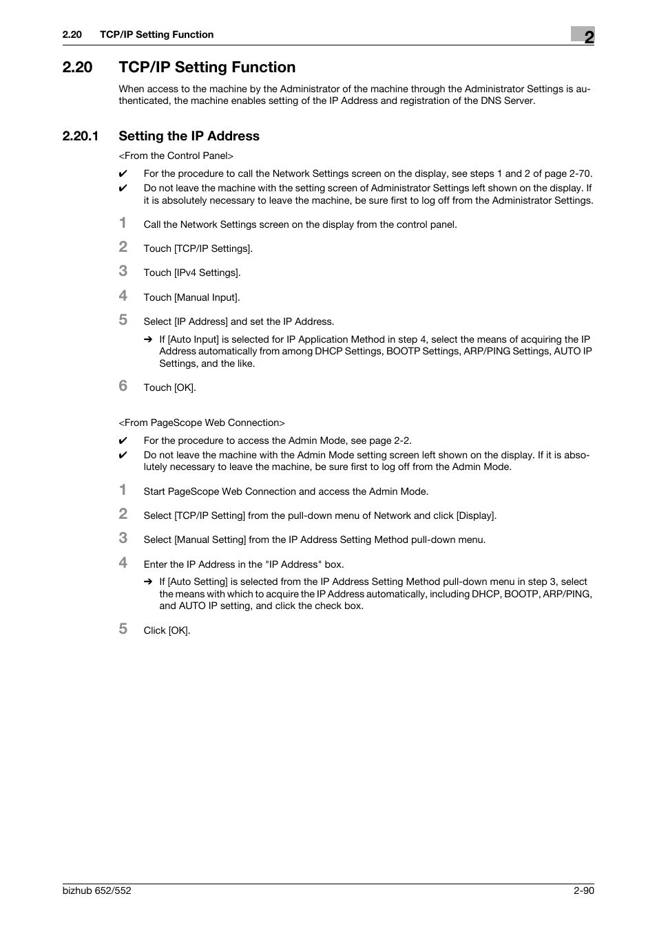 20 tcp/ip setting function, 1 setting the ip address, Tcp/ip setting function -90 | Setting the ip address -90 | Konica Minolta bizhub Secure User Manual | Page 105 / 185